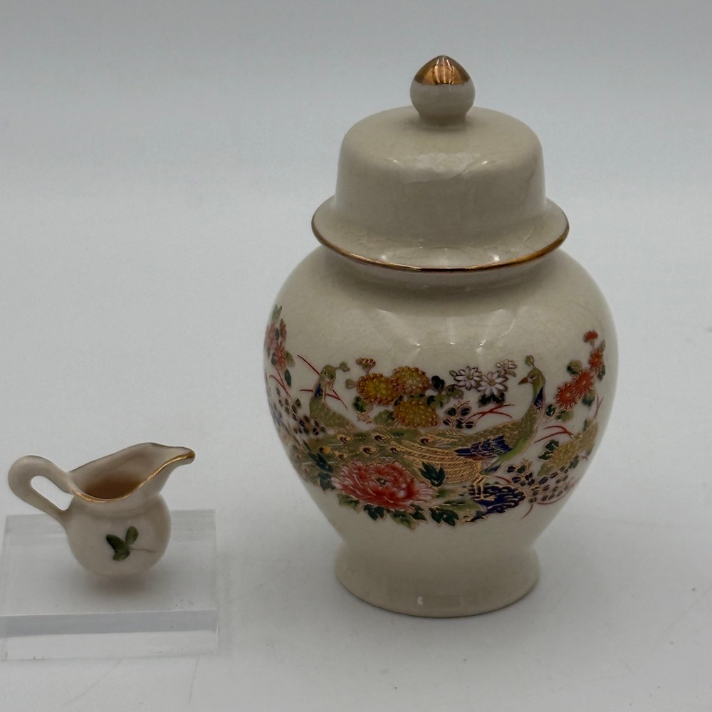 Vintage Japanese Satsuma Ginger Jar and Miniature Creamer Peacock Floral Gold